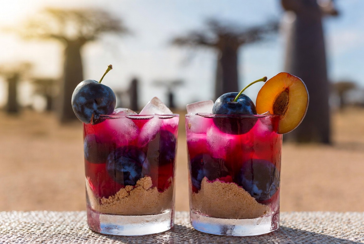 Botswanan Morula-Plum-Baobab Juice in a chilled glass with ice, plum garnish and Kalahari sand background