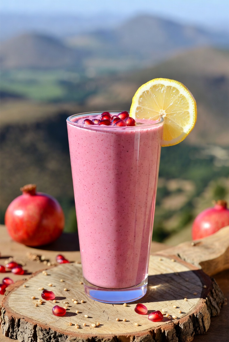 Eritrean Teff Sprout-Pomegranate Smoothie in a tall glass