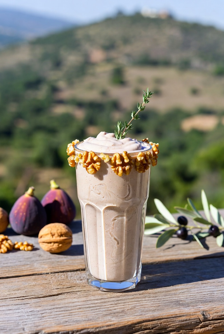 Greek Fig-Walnut-Thyme Smoothie in a tall glass
