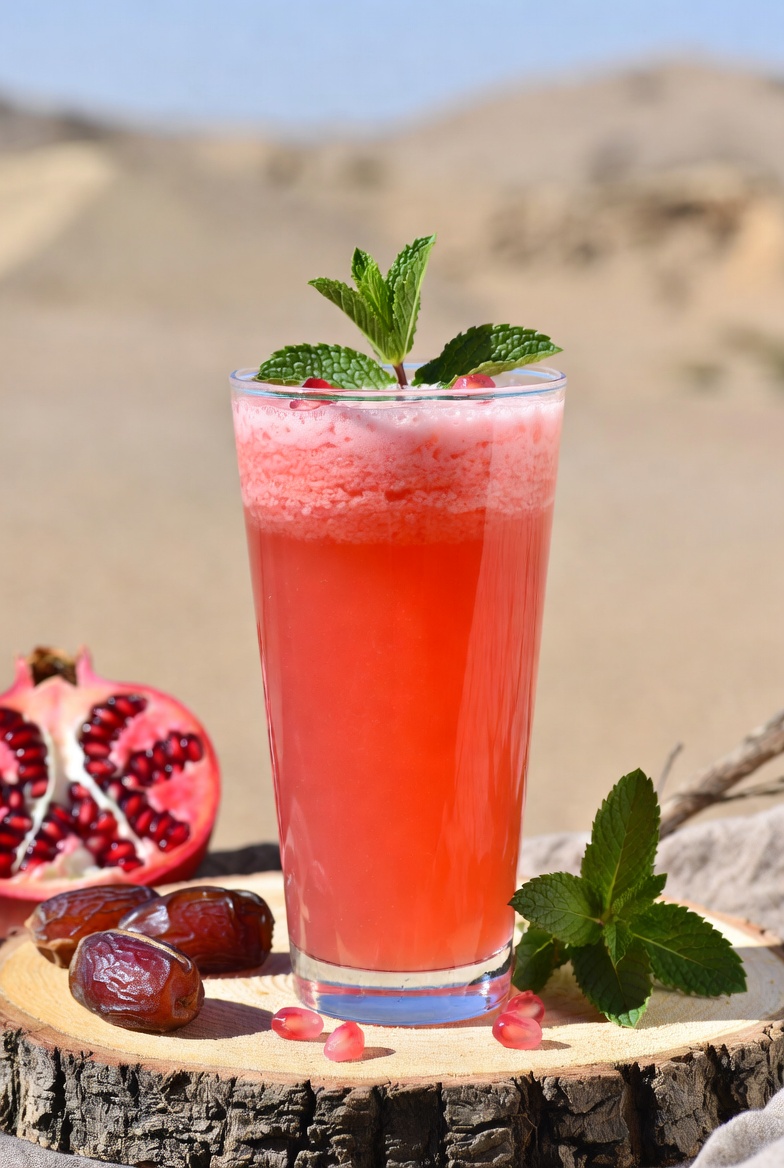 Mauritanian Date-Pomegranate-Mint Juice in a tall glass