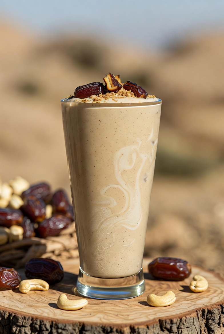 Somali Camel Date Raw Cashew-Date-Cardamom Smoothie in a tall glass